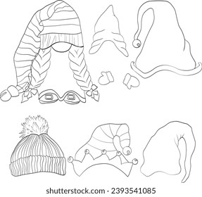 Set Of Gnome With Different Hat. Gnome line coloring page Christmas.