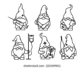 Set of gnome doctors. Collection of medicinal gnome with medical hammer and an enema in their hands. Vector illustration of funny nurse and doctors characters. Medical dwarf.