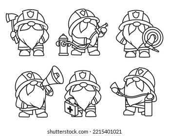 Set of gnome firefighters. Collection of gnomes in fire equipment with helmet, hose, axe, fire extinguisher. Dear lifeguards. Dangerous job. Vector illustration isolated on white background.