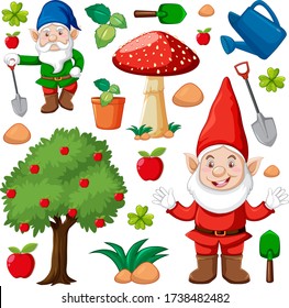 Set of gnome and garden icon in cartoon style on white background illustration