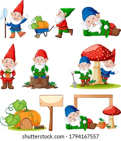 Set of gnome with garden tool isolated on white background illustration