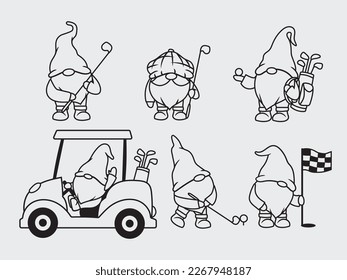 Juego de golfistas gnomos. Colección de gnomos de jardín jugando al golf. Deporte de primavera de club. Descanso activo. Ilustración vectorial aislada en fondo blanco.