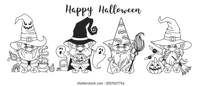 Set Gnome for halloween linear, pumpkin Potions Spider web and spider, trick or treat, design for thanksgiving day, cartoon spooky dwarf Vector line art for printable greeting cards and coloring pages