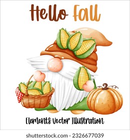 Set Gnome Hello Fall Autumn Pumpkin and autumn leaves Elements Watercolor Vector File ,Clipart Cute cartoon style For banner, poster, card, t shirt, sticker