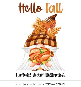 Set Gnome Hello Fall Autumn Pumpkin and autumn leaves Elements Watercolor Vector File ,Clipart Cute cartoon style For banner, poster, card, t shirt, sticker