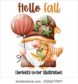 Set Gnome Hello Fall Autumn Pumpkin and autumn leaves Elements Watercolor Vector File ,Clipart Cute cartoon style For banner, poster, card, t shirt, sticker