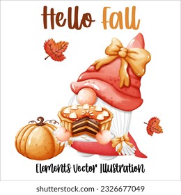 Set Gnome Hello Fall Autumn Pumpkin and autumn leaves Elements Watercolor Vector File ,Clipart Cute cartoon style For banner, poster, card, t shirt, sticker