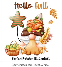 Set Gnome Hello Fall Autumn Pumpkin and autumn leaves Elements Watercolor Vector File ,Clipart Cute cartoon style For banner, poster, card, t shirt, sticker