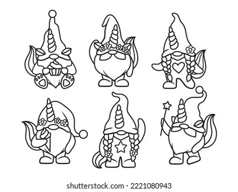 Set of gnome unicorns. Collection of cute fairytale gnomes with horn, wings, rainbow. Cute gnomes with cupcakes. Magic creation. Vector illustration of creatures for Valentine's day..