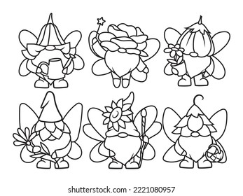 Set of gnomes with flower hats. Collection of flower fairy gnome with wing. Fairy creature. Botanical dwarf. Vector illustration isolated on white background.