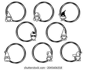 Set of gnomes frame. Collection of Christmas circle wreath with cute elves. Vector illustration for New Year postcard. Drawing for children.