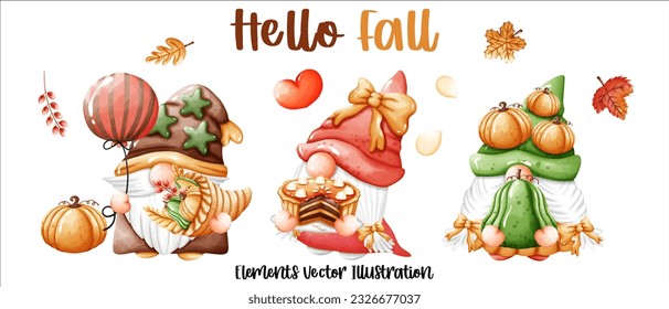 Set Gnomes Hello Fall Autumn Pumpkin and autumn leaves Elements Watercolor Vector File ,Clipart Cute cartoon style For banner, poster, card, t shirt, sticker