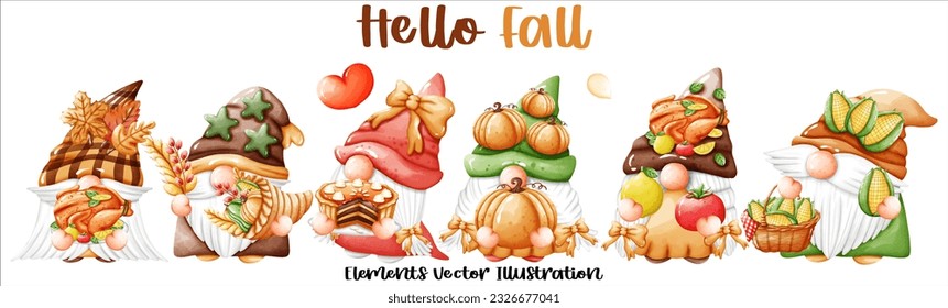 Set Gnomes Hello Fall Autumn Pumpkin and autumn leaves Elements Watercolor Vector File ,Clipart Cute cartoon style For banner, poster, card, t shirt, sticker