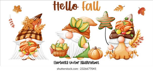 Set Gnomes Hello Fall Autumn Pumpkin and autumn leaves Elements Watercolor Vector File ,Clipart Cute cartoon style For banner, poster, card, t shirt, sticker