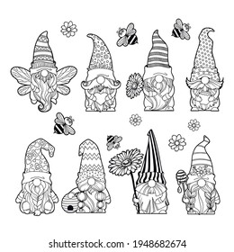 Set gnomes with honey and bees, hello spring summer, honey jar, gnomes with a daisy, gnome bee, hive cartoon characters dwarves vector linear art for printing greeting cards and coloring books