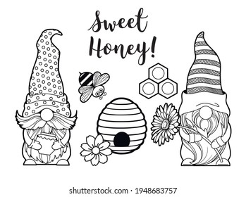 Set gnomes with honey and bees, hello spring summer, honey jar, gnomes with a daisy, gnome bee, hive cartoon characters dwarves vector linear art for printing greeting cards and coloring books