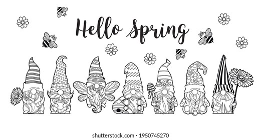 Set gnomes with honey and bees, hello spring summer, honey jar, gnomes with a daisy, gnome bee, hive cartoon characters dwarves vector linear art for printing greeting cards and coloring books