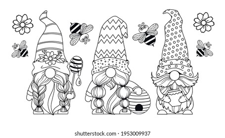 Set gnomes with honey and bees, hello spring summer, honey jar, gnomes with a daisy, gnome bee, hive cartoon characters dwarves vector linear art for printing greeting cards and coloring books