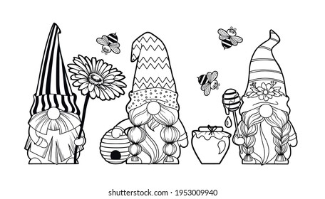 Setze Gnomen mit Honig und Bienen, Hallo Frühlingsommer, Honiggläser, Gnome mit Gänseblümchen, Gnome, Bienenstockkrebse, Bienenkartoon-Figuren zaubert Vektorlineare Kunst für den Druck von Grußkarten und Farbbüchern