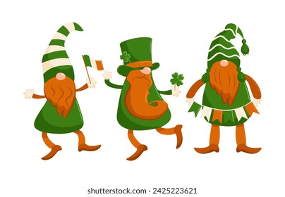 Set of gnomes, leprechauns. Happy St. Patricks Day. Cartoon characters in caps, a top hat, with a garland, the flag of Ireland, dance and run. Four leaf clover. good luck. Magic, religious traditions