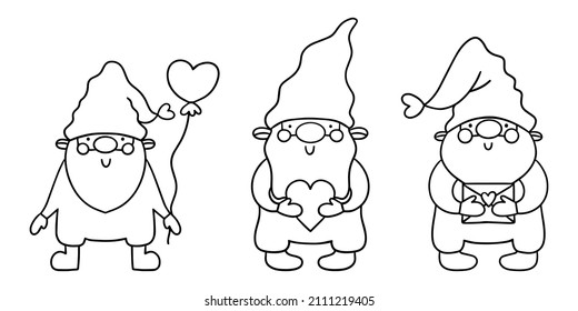 Set of gnomes on white background for decorative design. Doodle set element. Vector drawing. Holiday banner. Spring holiday.