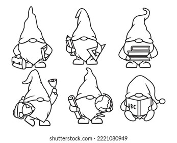 Set of gnomes schools. Collection of gnomes with study items. Fairy creature. Smart dwarf.  Back to school. Vector illustration isolated on white background.