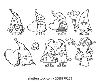 Set of gnomes. Valentines day elements for card. Coloring book illustrations.