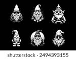 set of gnomes vector art illustration silhouette logo design black and white 