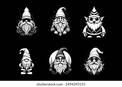 set of gnomes vector art illustration silhouette logo design black and white 