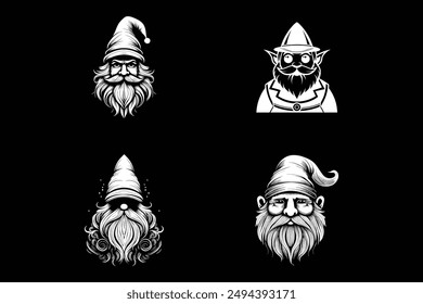 set of gnomes vector art illustration silhouette logo design black and white 