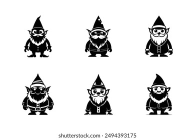 set of gnomes vector art illustration silhouette logo design black and white 