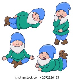 A set of gnomes who laugh, sleep, play and meditate. Flat illustration isolated on white background.