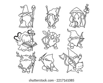 Set of gnomes wizards. Collection of garden gnomes in witcher costumes with a staff, witch hat. Fantasy character. Vector illustration isolated on white background.