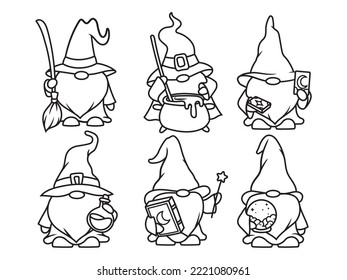 Set of gnomes wizards. Collection of garden gnomes in witcher costumes with a staff, witch hat. Fantasy character. Vector illustration isolated on white background.