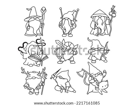 Set of gnomes wizards. Collection of garden gnomes in witcher costumes with a staff, witch hat. Fantasy character. Vector illustration isolated on white background.