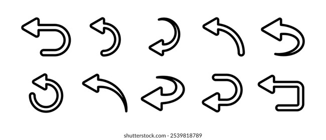 Conjunto de iconos vectoriales de flechas lineales de retroceso. Dirección izquierda. Retorno, anterior, flecha hacia atrás. 