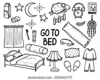 Conjunto de ir a la cama dibujado a mano doodle. Artículos de dormitorio. Hora de dormir. Ovejas durmientes. Cama, almohada, cortinas, luna, pijama, atrapasueños. Buenas noches. Ilustración de arte de línea de contorno de Vector.