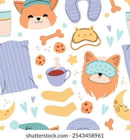 Set of go to bed hand drawn vector art. Bedroom items. Time for sleep. Bed, pillow, moon, night light, sleep mask, calming tea, glass of milk pajamas. Good night. 