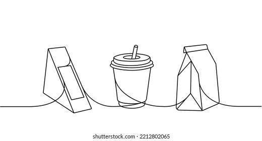 Set of to go containers one line continuous drawing. Empty cardboard boxes, bags for takeaway food continuous one line illustration.