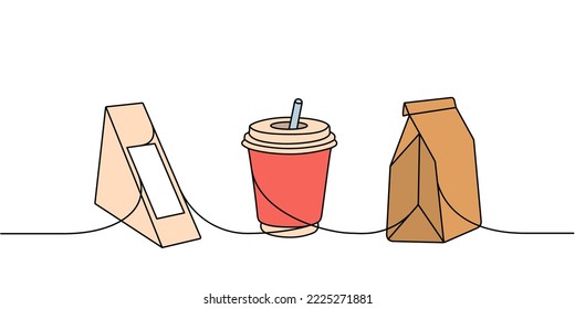 Set of to go containers one line colored continuous drawing. Empty cardboard boxes, bags for takeaway food continuous one line colorful illustration.