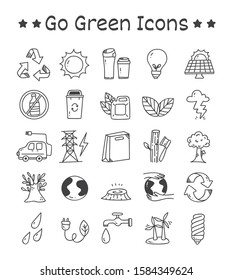 Set of Go Green Icons in Doodle Style Vector Illustration