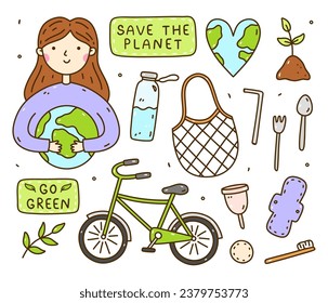 Set of Go green, Save the Planet doodles. A girl holding the Earth in her hands, heart-shaped planet, bicycle,  mesh bag, steel cutlery, reusable items, plant seedling. Zero waste, ecology concept.