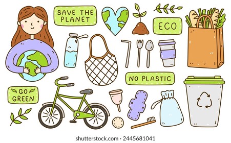 Set of Go green, Save the Planet doodles. A girl holding the Earth in her hands, heart-shaped planet, bicycle,  mesh bag, steel cutlery, reusable items, plant seedling. Zero waste, ecology concept.