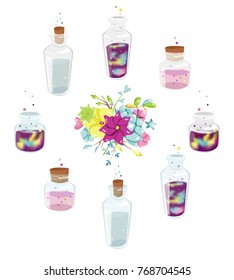 Set go magic cartoon bottles with flowers bouquet. Hand drawn vector illustrations. 