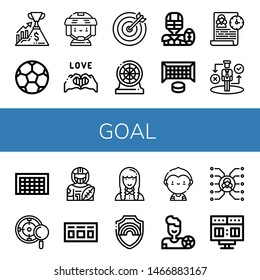 Set of goal icons such as Success, Soccer ball, Hockey player, Pride, Target, Darts, American football, Hockey goal, Time management, Strategy, Goal, American football player ,