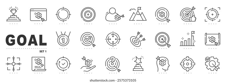 Set of goal related line icons. Target, aim, mission, victory etc. Editable stroke.