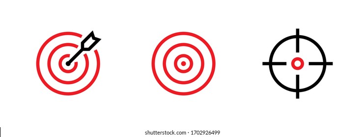 Set Of Goal, Target And Aim Icons. Editable Line Vector. A Round Symbol Of Red Color, With An Arrow In The Center And In The Form Of A Gun Sight. Group Pictogram.