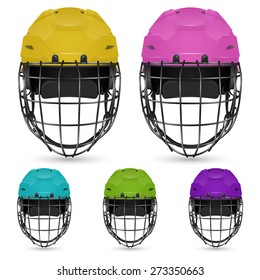 Set of goalkeeper hockey helmets, isolated. Vector EPS10 illustration. 