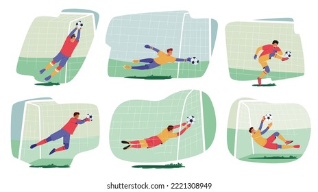 Juego de leñadores saltando y atrapando bolas, Goalee defiende las puertas en el torneo de fútbol. Personajes masculinos de Goalie usan uniforme de equipo de fútbol en movimiento en el estadio. Ilustración de vectores de personas de caricatura