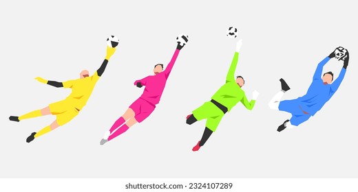 set of goalkeepers trying to catch the ball. different poses, colors. concept of sport, football, activity. flat vector illustration.